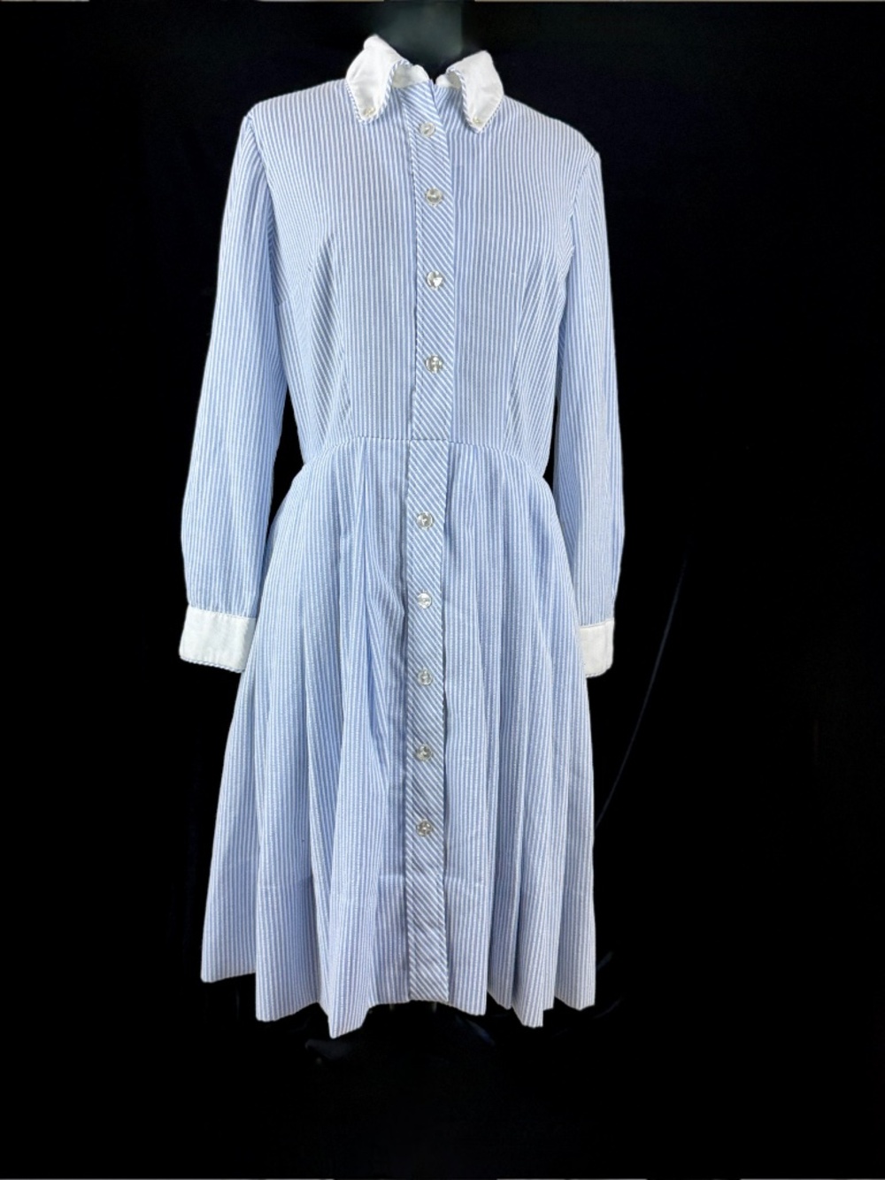 1960s Lisa Cobb Saks 5th Avenue Blue Seersucker Shirtwaist Dress M Long Sleeves